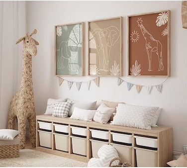 Safari Nursery Wall Art Pictures Baby Animal Canvas Wall Decor Boho Jungle Wall Art Kids Minimalist Poster Elephant Giraffe Lion Prints Nursery Safari Artwork for Bedroom 16x24 Inch Unframed Set of 3
