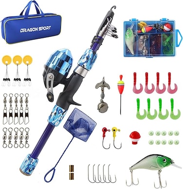 Dragon Sport Kids Fishing Pole Spincast Youth Fishing Pole Tackle Box - with Net,Travel Bag,Rod and Reel Kit for Boys and Girls, Youth or Beginners