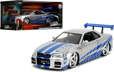 Fast &amp; Furious Brian&rsquo;s 2002 Nissan Skyline R34 Die-cast Car, 1:24 Scale, Silver &amp; Blue