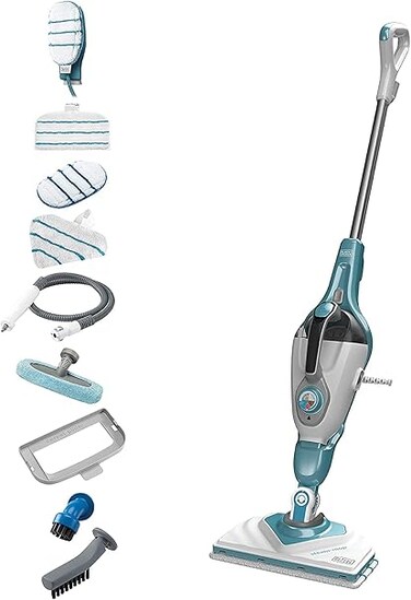 BLACK+DECKER 2-in-1 Steam Mop, 1600W, Fast Heat-Up, Delta Head, Steam Mitt, 11 Accessories, Kills 99.9% of Germs, Auto Select, Microfiber Pad, ECO Friendly, White/Aqua - BHSM166DSM-GB