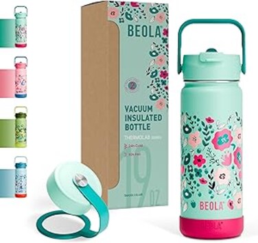 BEOLA 550ml Kids Water Bottle 18/8 Stainless Steel Double Wall Insulated Thermos Bottle with Straw Lid and Wide Mouth, Hot Cold Liquids Sports School Bottle (19oz, Ever Blooming)