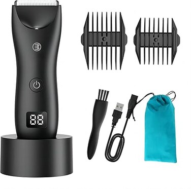 Excefore Electric Hair Clippers for Men, Waterproof Pubic Hair Trimmer with LED Display, Cordless Groin Body Hair Trimmer Kit, Professional Body Groomer and Beard Shaver with USB Recharge Dock(Black)