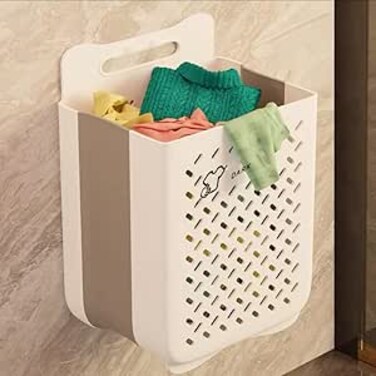 LIMOS Plastic Collapsible Hanging Laundry Basket with Carry Handle, Space-Saving Wall Hanging Laundry Basket Durable Tall Folding Plastic Laundry Hamper Waterproof Dirty Clothes Organizer (Grey Large)