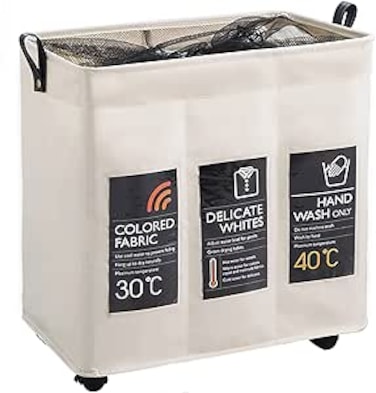 Rness Laundry Basket, Clothes Sorter Cart, Large Capacity Laundry Bag, 3 Sections Separated Laundry Hamper，Dirty Clothes Laundry Basket with Wheels&amp;Breathable Mesh Cover, Beige