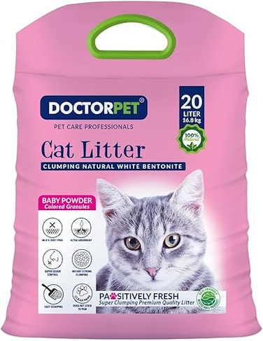 Pet Cat Litter Baby Powder 20L &ndash; 100% Natural Clumping Bentonite,Scented, Ultra Absorbent,Easy Scooping, Dust-Free, Odor Control, Easy Scooping, Hypoallergenic &amp; Non-Stick Paw Formula