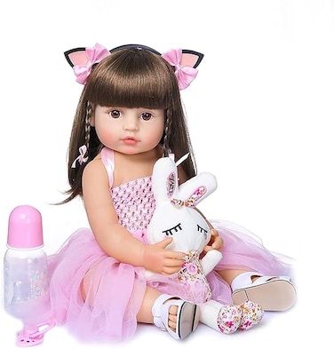 Reborn Baby Dolls 55cm, 22 inch Lifelike Realistic Baby Newborn Girl Doll Silicone Vinyl Full Body Children Birthday Pink Skirt with Feeding Kit Toys Accessories for Ages 3+ Year Old Girls