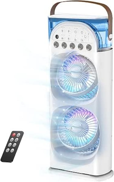 Portable Air Conditioners Rechargeable Rotating, Double Head Cooling Fan with Remote, Air Cooler with 3 Speeds &amp; Mist Modes, 600ml Water Tank, 7-Color Night Light, Portable for Room/Car