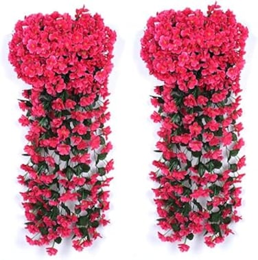 AUKUZI Artificial Hanging Flowers Decorations 2 Pack Violet Ivy Flowers Lifelike Hanging Plant for Outdoor Home Wedding Garden Yard Hanging Baskets Wisteria Garland Decoration (Rose Red)