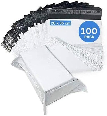 100 Pack White Poly Mailers Bags   20 x 35 cm Adhesive Self-Seal Shipping Envelopes for Packaging Delivery   Ideal for Posting Parcels and Clothes