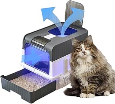 UV Extra Enclosed Cat Litter Boxes, Foldable Litter Box with Lid &amp; Deodorizing Cabin, Large Space Litter Box with Ultraviolet Germicidal Lamp, Closed Smell Proof Anti-Splashing, Litter Box with Scoop