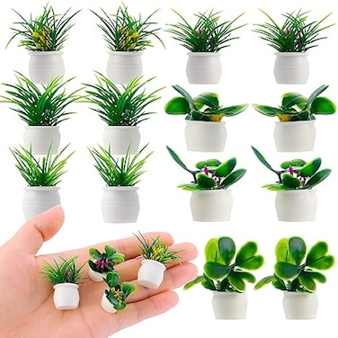 Dollhouse Miniature Bonsai Plant, 14 Pieces Doll House Mini Potted Plant Tiny Artificial Greenery Ornament Dollhouse Decoration Flower Model for Fairy Garden