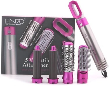 ENZO EN-6206 5-in-1 Hair Styler &ndash; Hot Air Brush with Dryer, Straightener, Curling Barrels &amp; Scalp Massager &ndash; Ionic &amp; Ceramic Multi-Styling Tool for All Hair Types - Intl Version