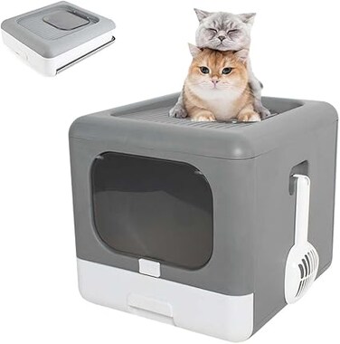 Xinajata Cat Litter Box Portable Cat Toilet Pan With Litter Scoop Large Foldable Litter Box With Lid Top Entry Anti-Splashing No Mess Enclosed Drawer Type Easy to Clean(grey)