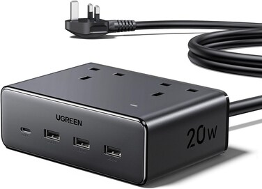 20W Nexode Power Strip UK, AC Outlets, 4 USB Slots 2990W Max Multiple Plug, with 1.5m Extension Cord, Charging Station for Multiple Devices, Fast Charging for Home, Office, Travel