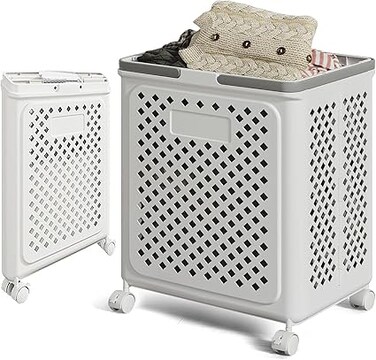 Laundry Basket, Plastic Folding Laundry Hampers With Wheels, 50L Collapsible Laundry Baskets With Handles, Rolling Laundry Hamper With Breathable, Easy to Move for Bathroom, Dorm,Laundry Room