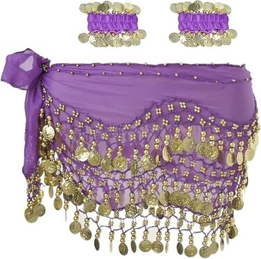 Belly Dance Hip Scarf with Bracelets, 128 Coins Belly Dance Skirt Wrap Belt with Wrist Ankle Bracelets, Dance Skirt Belt Waist Chain for Belly Dance, Zumba or Yoga Class, Performance Costume