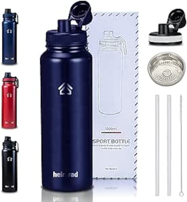 HEIMRAD Vacuum Insulated Water Bottle Stainless Steel Water Bottle with Built-in Strainer Hot Cold Double Walled Bottle with Handle for Sports (BLUE-WB)