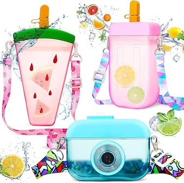 3 Pieces Cute Water Bottles with Straws Creative  Camera Shaped Ice Cream Bar Watermelon Adjustable Strap Plastic Water Bottle for Travel School Sport Kids (Fresh Style, Red, Pink, Blue)