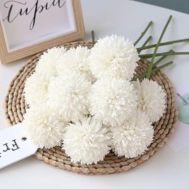 HoYuanFlo Artificial Flowers Chrysanthemum Ball Flowers Bouquet 10pcs Present for Important People Glorious Moral for Home Office Coffee House Parties and Wedding(Milk White)