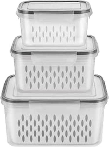 ELECDON 3 Set Fridge Fruit Storage Containers with Colander and Airtight Lids, Fresh Food Storage for Vegetables, Fruit, and Salad, Food Organizer for Fridge