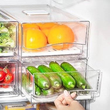 2 Pack Fridge Organizer Bins, Clear Stackable Refrigerator Drawers Pull Out, Reusable Food Storage Containers for Kitchen, Freezer, Pantry, Office, Closet, Large Food Fruit&amp;Vegetable Storage as ​Gift