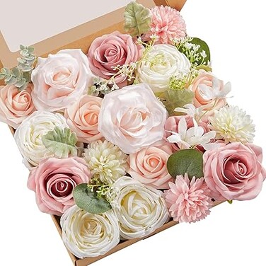 LAROKO Artificial Flowers Fake Flowers for Cake DIY Wedding Bouquets Cake Decoration, Mixed Roses Combo Blush Pink and White Flower Centerpieces Arrangements for Party Table Chair Decor