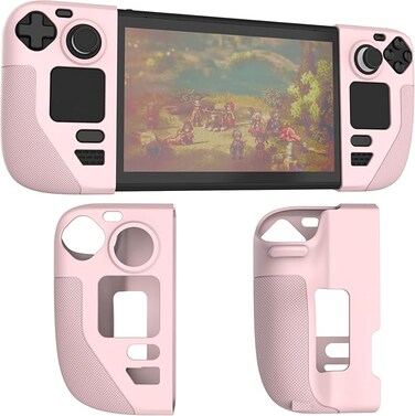 Silicone Protective Shell Cover Skin Compatible With Steam Deck, Non-Slip Texture Handle Case for Steam Deck, Anti-Collision Cover with 4 Thumb Caps. (Pink)