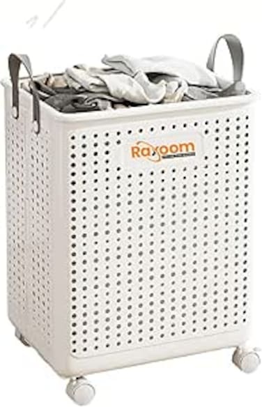 Raxoom Foldable Laundry Basket With 60L Capacity   Modern Design With 4 Wheels for Clothing Storage   Multi-Purpose Organizer 38 * 09 * 47.5CM (Large, White)