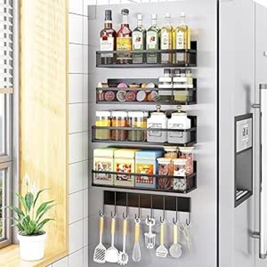 HOOJO&reg; Magnetic Spice Rack for Refrigerator, 5 Pack Magnetic Shelf, Moveable Magnetic Fridge Organizer with 10-Hook Rack, Seasoning Organizer for Kitchen Organization and Storage (5 Pack)