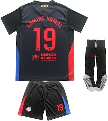 Barca Away #19 Lamine Yamal Youth Soccer Jersey, Shorts &amp; Socks Set - Black - Boys' - Unisex - Sleeveless - Modern - Polyester - Machine Wash - Kids to Adults - Male Football Fans - Sports Jersey Set