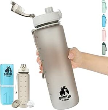 Gorilla E-Tribe Water Bottle 1L with Time Marker - BPA Free &amp; Leak Proof Protein Shaker Bottle Gym - Ideal for Office, School &amp; Hiking