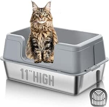 Stainless Steel Cat Litter Box with Lid, High Sides Metal Litter Tray for Multiple Big Cats, Extra Large Cat litter box with scoop with scoop storage box, Anti Leakage, Easy Cleaning (XL)
