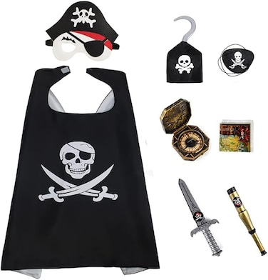 Pirate Costume Set for Kids Pirate Satin Cape, Pirate Hat, Pirate Hook and Pirate Toys for Halloween Birthday Pirate Party Supplies