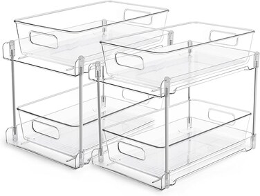 2 Tier Bathroom Storage Organizer, 2 Pack Clear Under Sink Organizers Vanity Counter Storage Container, Medicine Cabinet Drawers Bins, Pull-Out Organization with Track for Pantry, Kitchen