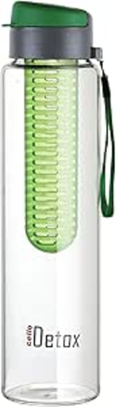 Cello Detox Fruit &amp; Tea Infuser Glass Water Bottle Leak Proof BPA Free Durable, 750ml, Green (Pack of 1)