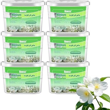 Rness Jasmine Moisture Absorber Boxes,Moldproof Deodorizing Desiccant Dehumidifier Boxes Jasmine Aroma Humidity Absorber for Bathroom Closet Wardrobe Kitchen 6 Pack(600 ml each)