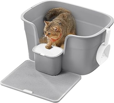 Feandrea Cat Litter Tray in the House Extra Wide Raised Sides with Litter Pick Up Board Storage Box Scoop for Multiple Large Cats Grey Dove Grey PPT003G01