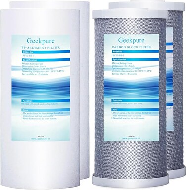 10-Inch Whole House Replacement Water Filter Cartridges PP Sediment and Block Carbon Filters-4.5 Inch x 10 Inch -5 Micron (Pack of 4)
