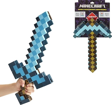 Minecraft Transforming Diamond Sword &amp; Pick-Axe Kid-Sized 2-in-1 Toy Accessory for Role-Play &amp; Costumes