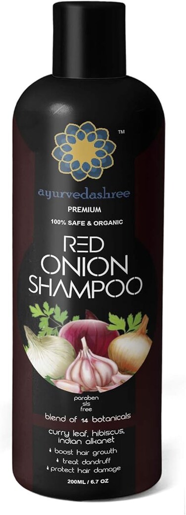 AYURVEDASHREE Red Onion Hair Growth &amp; Hair Fall Control Shampoo &ndash; With Curry Leaf, Hibiscus, Indian Alanket, Blend of 14 Botanicals 200ML - SLS and Paraben Free - 100% Safe &amp; Organic - All Hair Type