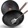 Carbon Steel Wok, 30cm Wok Pan with Lid and Spatula, Nonstick Woks and Stir-fry Pans, No Chemical Coated Flat Bottom Chinese Wok for Induction, Electric, Gas, All Stoves, black