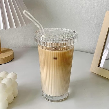 Glass Tumbler Stripe Glass Cup Coffee Cup With Lid and Straw Drinking Glasses for Water,Iced Coffee,Milk,Tea,Juice