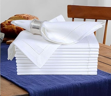 Set of 12 Cotton Cloth Dinner Napkin 18x18 White with Hemstitched Mitered Corners &ndash; Perfect for Wedding Dinner Parties and Table Decorations, Cloth Napkins