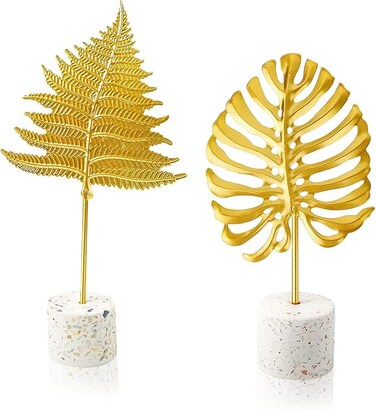 Paporich Gold Leaf Sculpture, Desktop Ornament, European Iron Art Statue Iron Leaf Art Sculpture Home, Interior Gold Sculpture, Art Artistic Decor Sculpture for Office Shelves Decoration (Pack of 2)