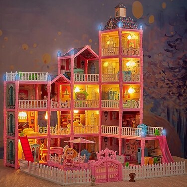 Doll House, Dream House for Girls Pretend-Play DIY Dollhouse Kit - 5-Story 16 Rooms Playhouse with Lights,Dolls Toy Figures, Furniture and Accessories Set Gift Toy for Kids Ages 3 4 5 6 7 8+(AA)