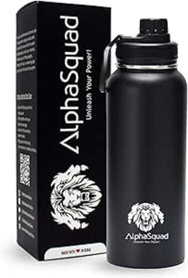 AlphaSquad 40oz / 1200ml Vacuum Insulated Water Bottle, Double Walled Thermolab series Stainless Steel Water Drinking Flask with Straw Lid, 2 Lids included, Hot Cold Thermos, Sports Bottle (Black)