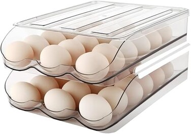 Egg Holder, Automatically Rolling Egg Storage Container for Refrigerator,Large Capacity Organizer for Fridge with Lid,Clear Plastic Egg Dispenser, Tray &amp; Bin -2 Layer