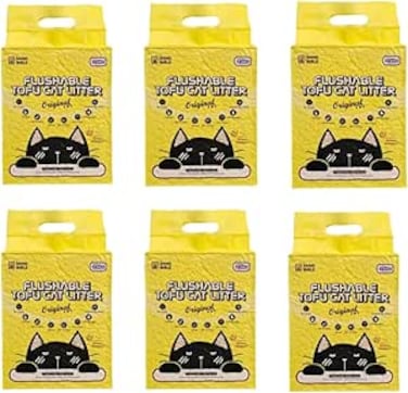 Pack of 6 (36L), Natural Flushable Tofu Cat Litter, Strong Clumping, Ultra Absorbent, Odor Control, 99% Dust Free, 2mm pellets