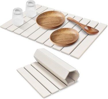 Large Stone Dish Drying Mats for Kitchen counter, Collapsible Quick Dry Dish Drying Mat, Eco-Friendly Absorbent Diatomaceous Earth Mat for Dishes Bottles Cups (white, large rectangle)