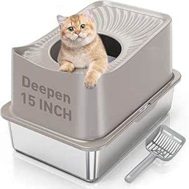 RR-INTL Stainless Steel Cat Litter Box Top Entry Extra Large Litter Boxes for Big Cats Enclosed XL Metal Litter Box with Lid, High Wall Sides Kitty Litter Pan Tray, Anti-Leakage, Easy Cleaning, Khaki